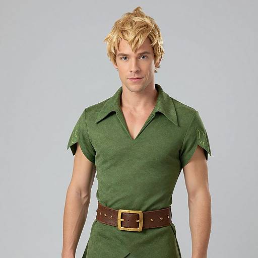Photograph of a young, blonde, blue-eyed man with a muscular build, wearing a green, short-sleeved, V-neck shirt with a