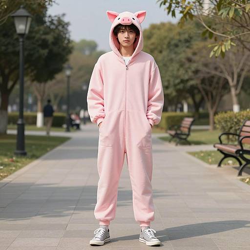 Young Person in Pink Pig Costume Jumpsuit