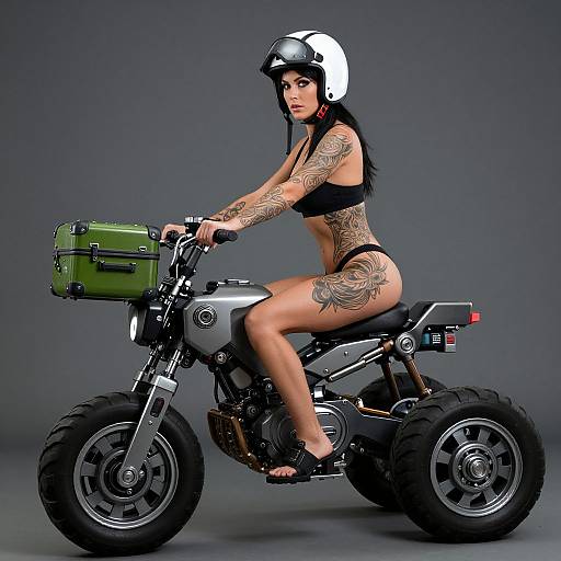 Tattooed woman in black bikini and white helmet riding a silver motorcycle with green backpack, against gray background. Photorealistic image.