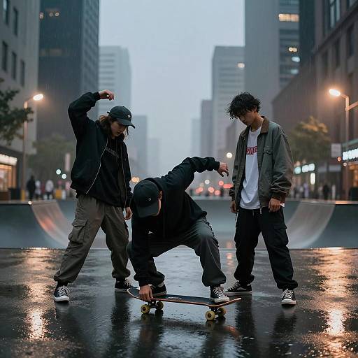 Friends Skateboarding in Rainy Urban Skate Park