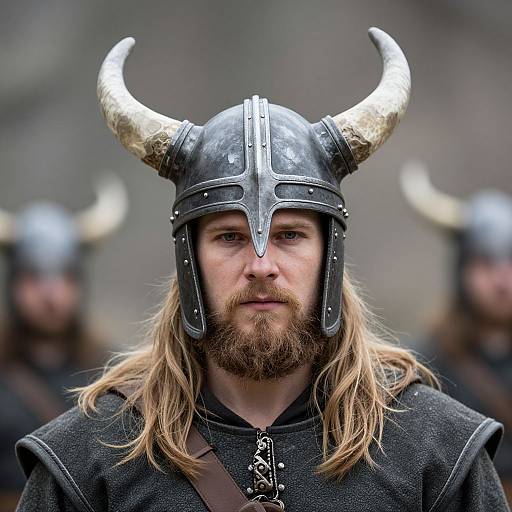 Photograph of a bearded, long-haired Viking warrior with a silver-horned helmet, black armor, and serious expression, blurred background.