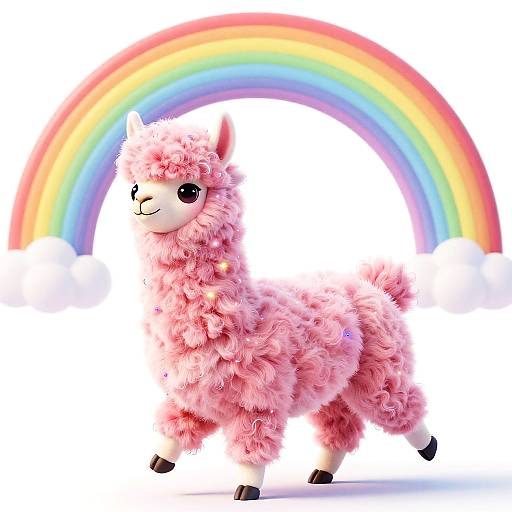 Whimsical Pink Fluffy Llama with Rainbows
