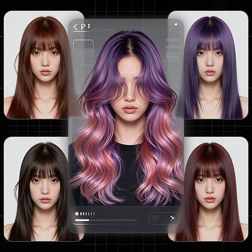 Digital collage of five Asian women with different long hair styles: brown, purple, black, dark brown, and black with pink tips. Each portrait is