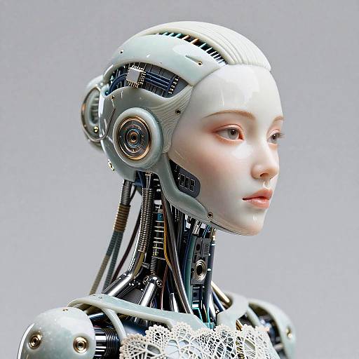 Photorealistic CGI of a female humanoid robot with a sleek, white, futuristic head, exposed mechanical components, and pale skin, gazing to the