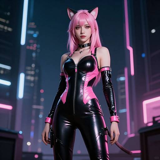 Digital artwork of a pink-haired woman in a black latex catsuit with pink accents, cat ears, and neon cityscape background.