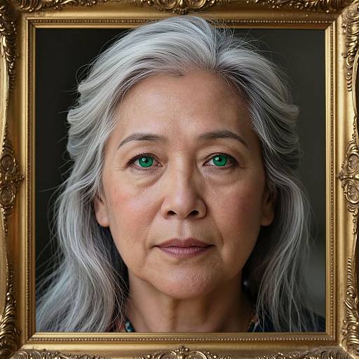 Photograph of an elderly woman with silver hair, green eyes, and fair skin, framed in an ornate gold frame. She wears a dark top