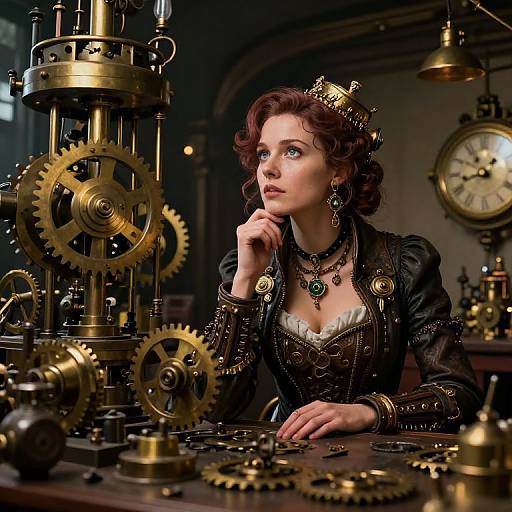 Steampunk woman with curly brown hair, wearing a crown and intricate black dress, sits at a clockwork-filled wooden table, gazing thoughtfully