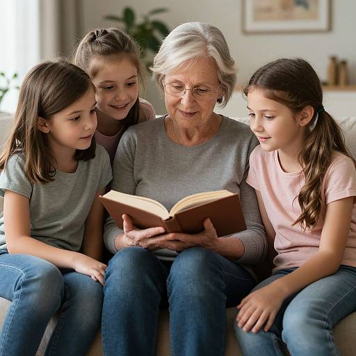 Photograph of an elderly woman with white hair and glasses, sitting on a couch, reading a book to three young girls. Bright, cozy living room