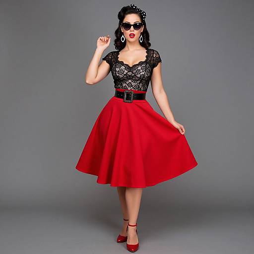 Photograph of a curvy woman in black lace top, red skirt, red belt, red heels, black hairband, and sunglasses, posing against