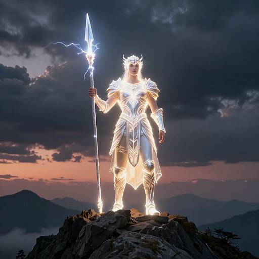 Glowing, armored warrior with lightning spear standing on mountain peak at sunset, illuminated against dark, cloudy sky. Digital fantasy artwork.