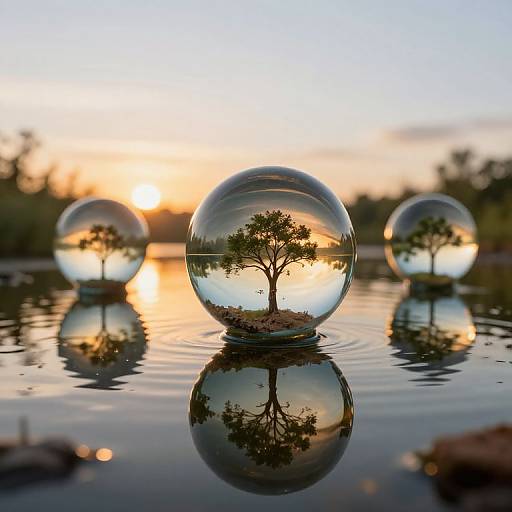 Photograph of three glass spheres on water, each reflecting a solitary tree at sunset, creating mirrored images in the calm water.