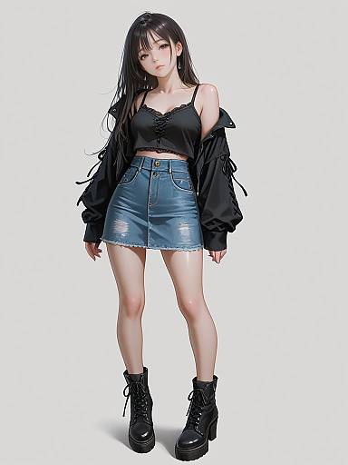 Digital anime-style drawing of a slender, fair-skinned woman with long black hair, wearing a black off-shoulder top, denim skirt, black
