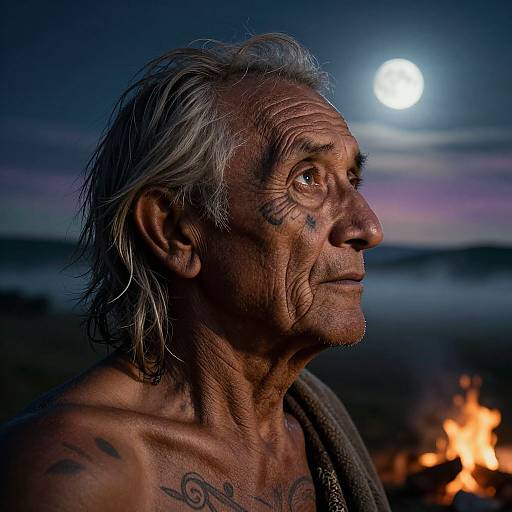 Photograph of an elderly Indigenous man with gray hair, tattoos, and wrinkled skin, gazing at a moonlit night by a campfire.