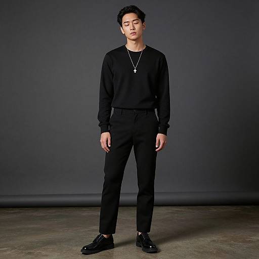 Photograph of an Asian man with short black hair, wearing a black sweatshirt, black pants, and black shoes, standing against a dark gray background