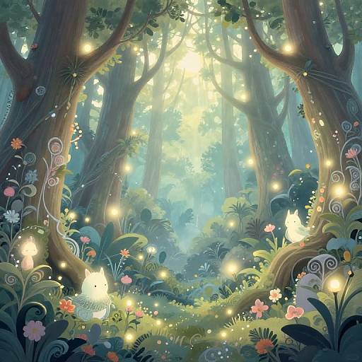 Whimsical forest illustration: Tall trees, glowing fireflies, vibrant flowers, and a white cat surrounded by light beams in a mystical, enchanted woodland