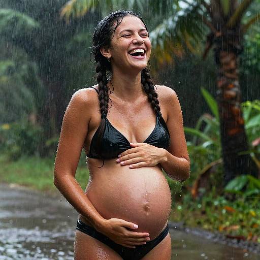 Pregnant Woman Laughing in Monsoon Rain