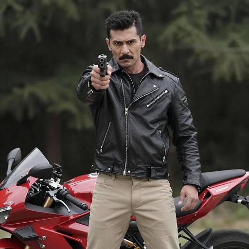 Muscular Biker Aiming Handgun at Camera