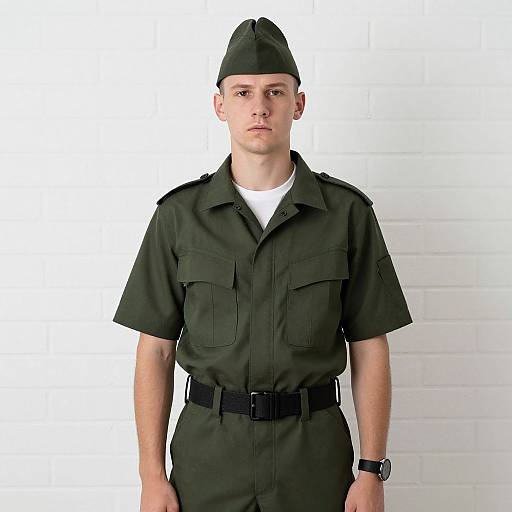 Photograph of a young, fair-skinned man with short blond hair, wearing a black military-style uniform with a matching cap, black belt, and