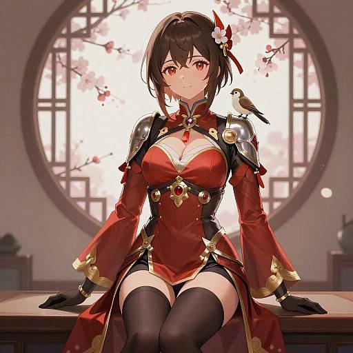 Anime Woman in Armored Dress with Cherry Blossoms