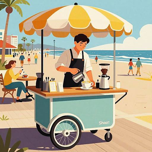 Mid-Century Barista on Seaside Boardwalk