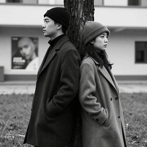 Black and White Portrait of Couple Standing Back to Back
