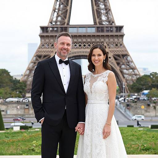 Photograph of smiling bride in white lace dress and groom in black tuxedo, holding hands in front of Eiffel Tower.