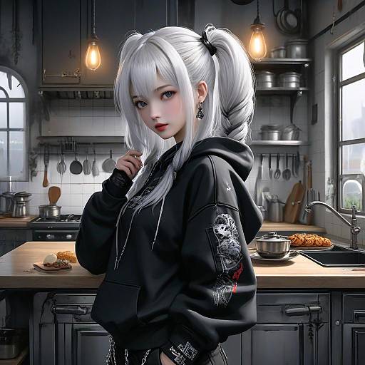 Digital artwork of a pale-skinned, silver-haired anime girl in a black hoodie, standing in a dimly lit, grungy kitchen.