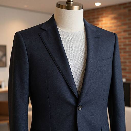Photograph of a navy blue, single-breasted suit jacket on a white mannequin, displayed in a warmly lit, modern room with brick wall