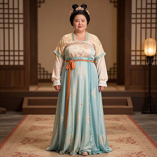 Photograph of a plus-sized Asian woman in traditional Korean hanbok, with blue and white floral dress, orange ribbon, and black hair bun,