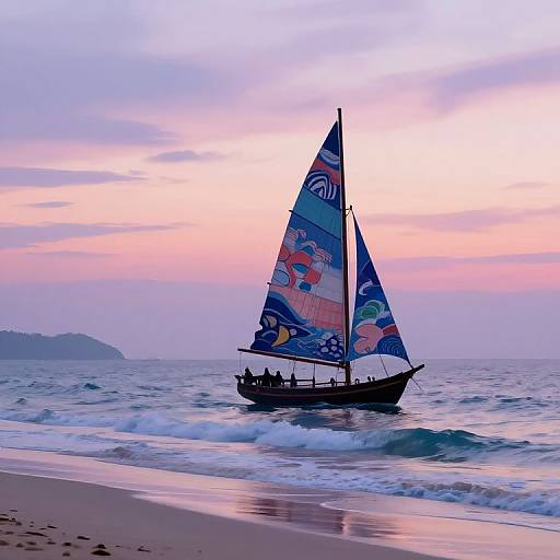 Photograph of a colorful sailboat with vibrant, cartoon-like sails on a pink and purple sunset beach, waves gently crashing.