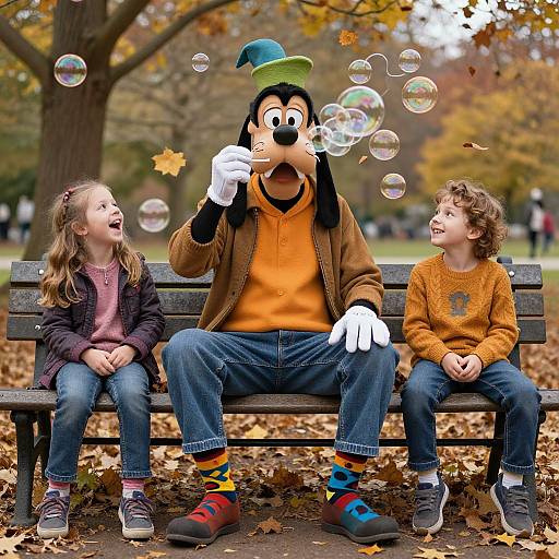 Photograph of Mickey Mouse blowing bubbles with two children on a park bench, surrounded by autumn leaves, wearing colorful fall clothes.