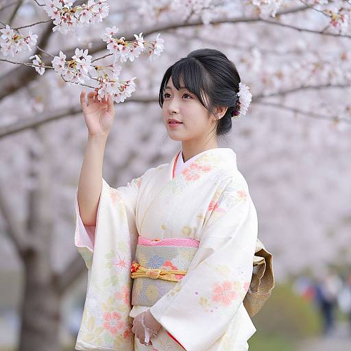 Photograph of an Asian woman in a white floral kimono, holding cherry blossoms, with a soft background of blooming trees.