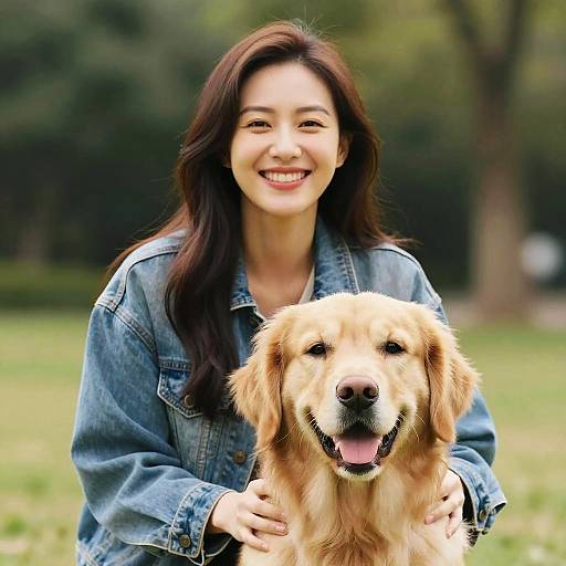 Photograph of a smiling Asian woman with long dark hair, wearing a blue denim jacket, holding a happy golden retriever in a green park.