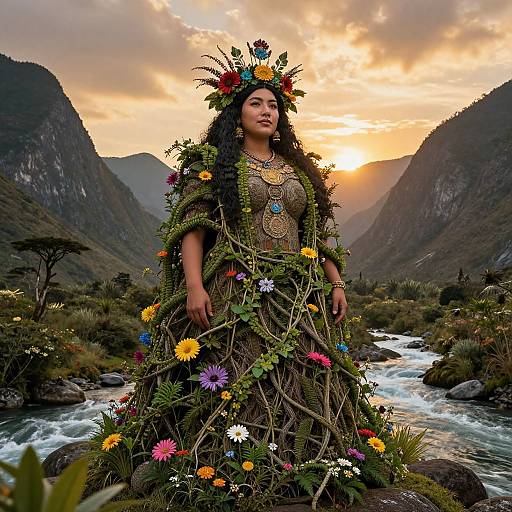 Photograph of a Native woman in an elaborate floral and vine dress, adorned with flowers and jewelry, standing in a mountainous river valley at sunset.