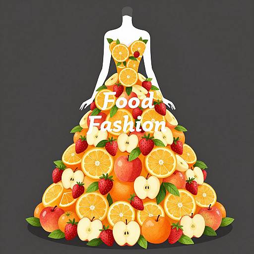 Digital illustration of a white, faceless, strapless dress silhouette filled with vibrant oranges, strawberries, apples, and green leaves, with 