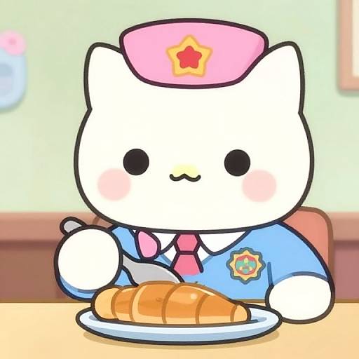 Cute digital drawing of a chibi-style white cat in a blue police uniform with a pink hat, eating a croissant at a table.
