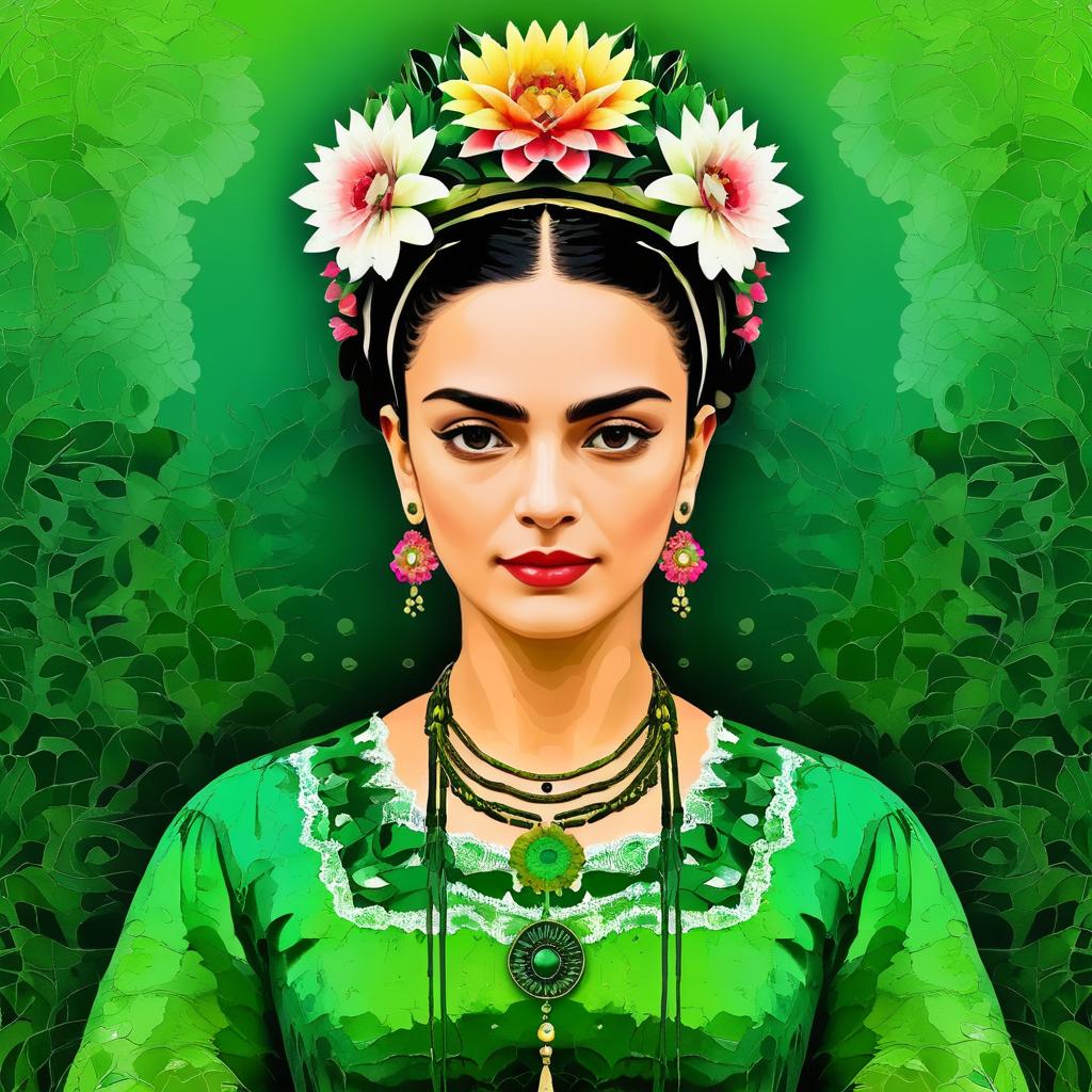 Intricate Green Frida Kahlo Inspired Art