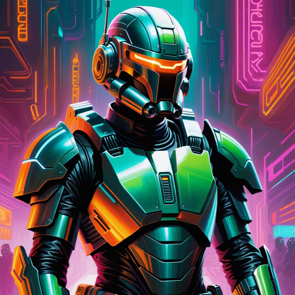 Cybernetic Bounty Hunter in Neon Fantasy