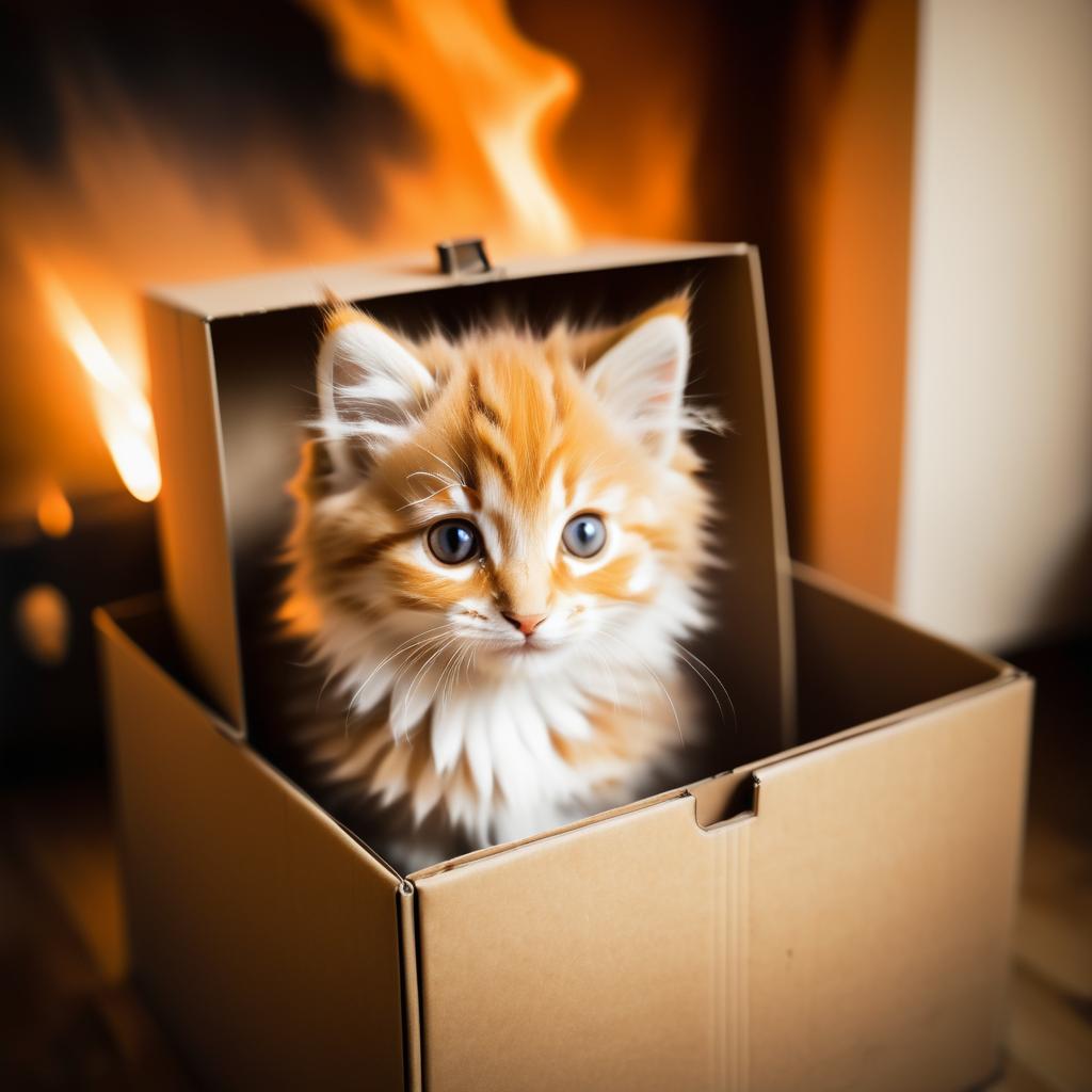 Fluffy Kitten in Vintage Box by Fire