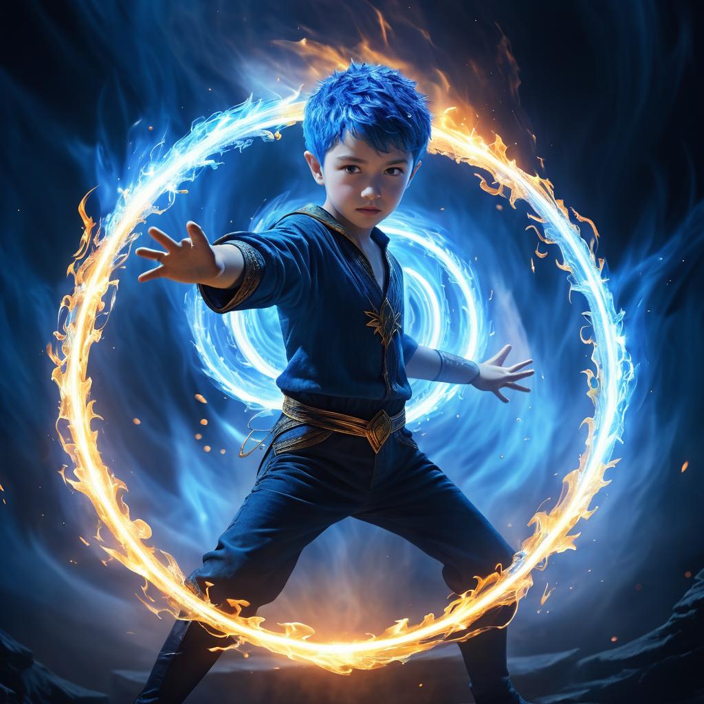 Triumphant Boy in Fiery Fantasy Scene