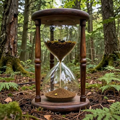 Wooden hourglass with moss-covered sand, standing in a lush, sunlit forest, surrounded by ferns and fallen leaves. Photographic realism.