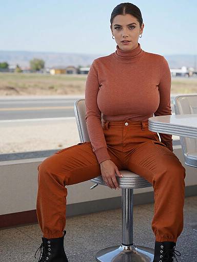 Woman in Terra Cotta Outfit at Diner