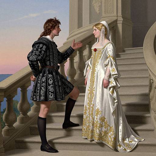 Medieval-style illustration: Man in black, patterned tunic and black stockings gestures to woman in white, gold-embroidered gown on stone