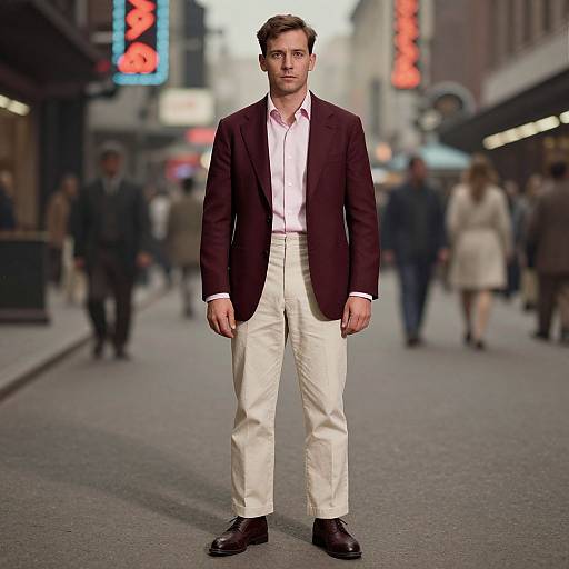 Photograph of a young man standing on a city street at night, wearing a dark burgundy blazer, white shirt, cream pants, and black