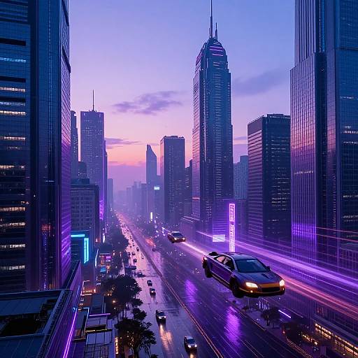 Neon-lit, futuristic cityscape at dusk with tall skyscrapers, purple and pink lights, speeding cars, and illuminated streets. Digital art