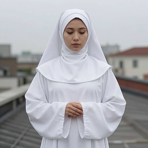 Close-Up White Nun Costume on Roof