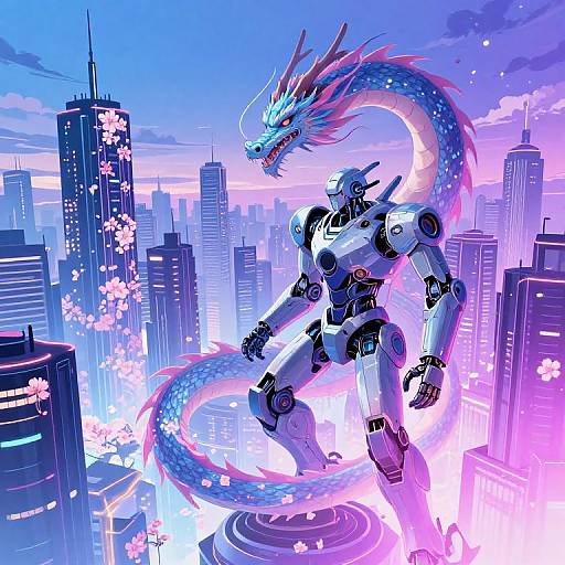Digital art: Cybernetic dragon warrior with glowing blue and pink accents, standing amidst towering skyscrapers, surrounded by cherry blossom petals, in a