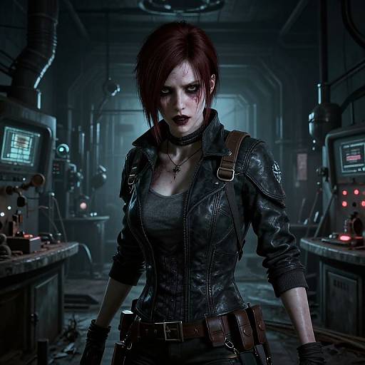 Digital art of a pale, red-haired woman with dark lipstick, wearing a black leather jacket and gloves, standing in a dimly lit, futuristic laboratory
