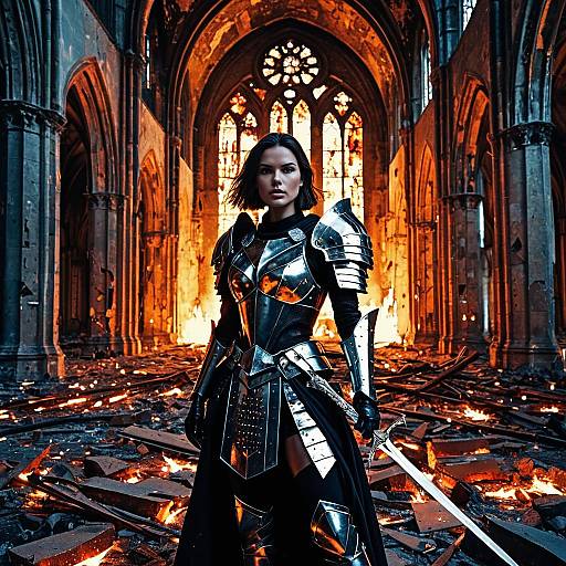 Female Warrior in Gleaming Armor in Abandoned Cathedral