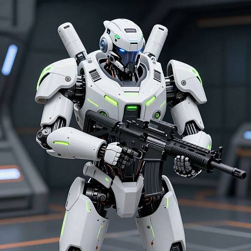 Photorealistic CGI of a white, neon-green-accented, futuristic mecha soldier with a rifle, standing in a dark, industrial sci-fi